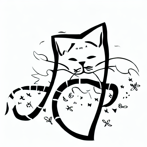 A black drawing of a cat with a curled tail. AI image generated of A black drawing of a cat with a curled tail.