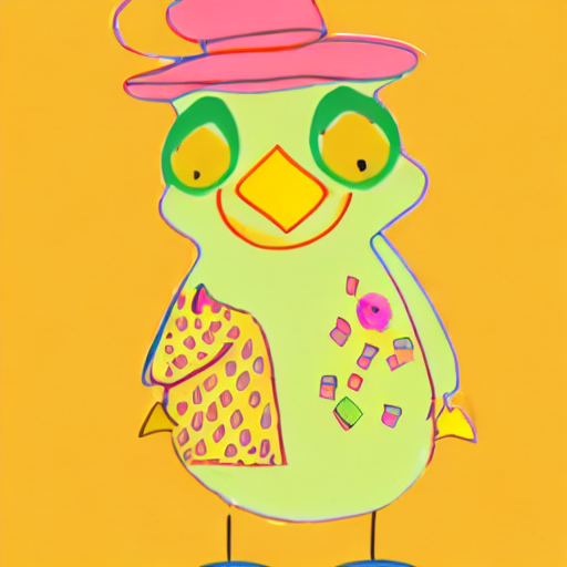 A green and pink drawing of a bird with a pink hat. AI image generated of A green and pink drawing of a bird with a pink hat.