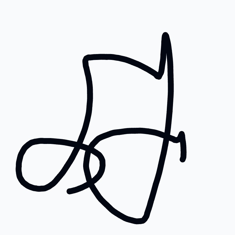 A black drawing of a cat with a curled tail.