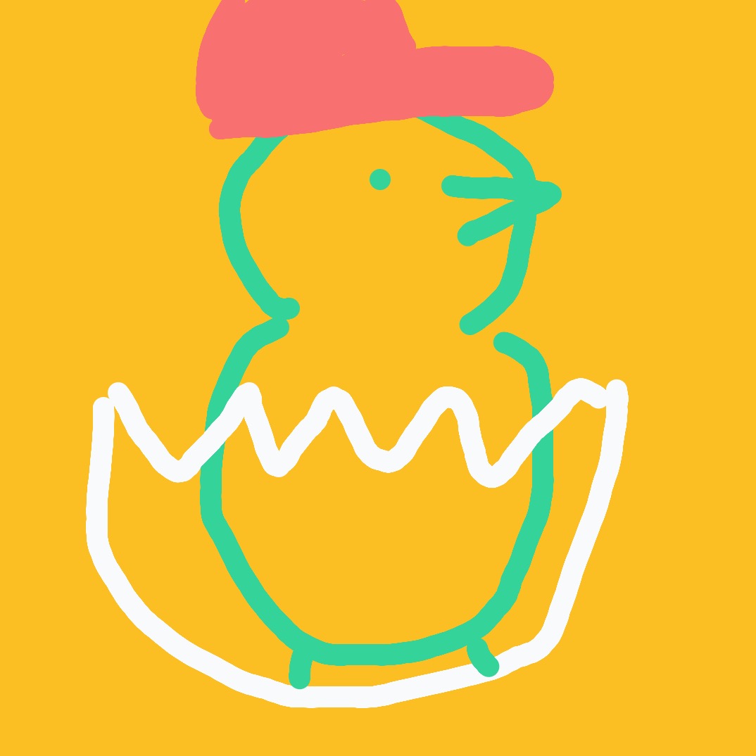 A green and pink drawing of a bird with a pink hat.