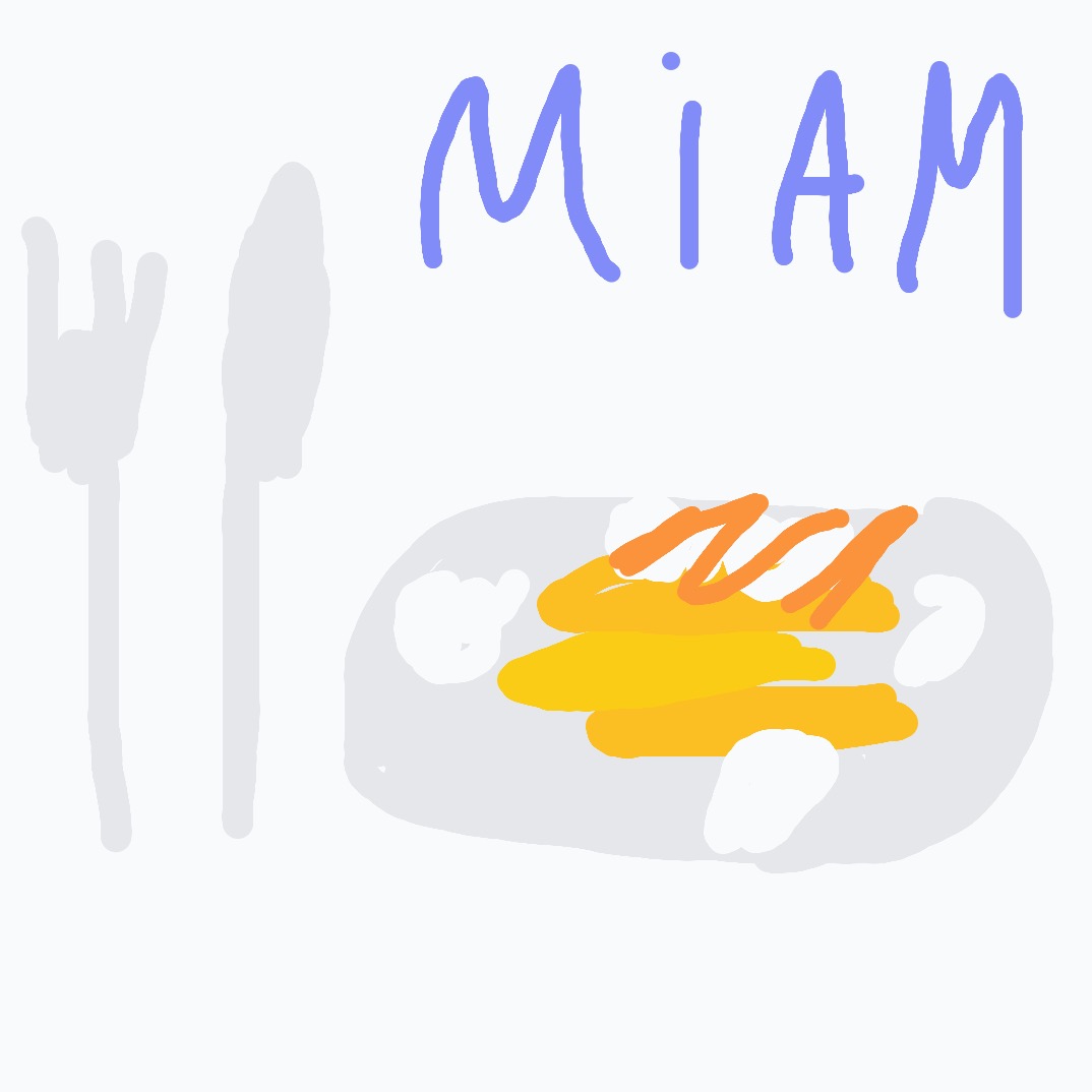 A drawing of a plate of food with a fork and knife.